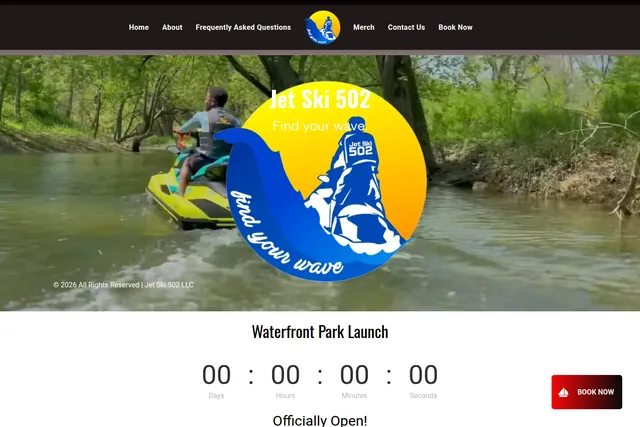 Jet Ski 502 homepage with rental information and a booking call to action.